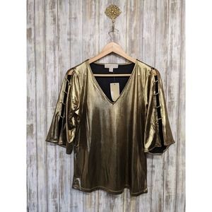 Michael Kors Gold Shimmer Blouse Antique Brass 3/4 Bell Sleeve Medium NWT $110